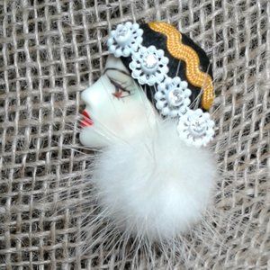 Lady Face Brooch with Rhinestone Hat